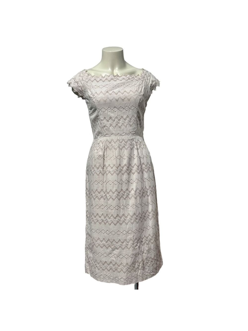 Vintage 80s Beige Eyelet Lace Dress S/M NWT Bustown Modern Palm Springs - Picture 1 of 11